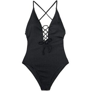 Sweetheart CUPSHE Black Ribbed Tie Front Cross Back Swimsuit Size MED NWT #1152